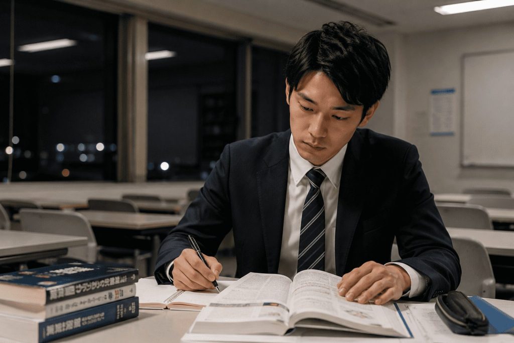 夜、明かりの灯った専門学校の教室で、真剣な表情で教科書を開いて勉強する20代後半のスーツ姿の男性の写真