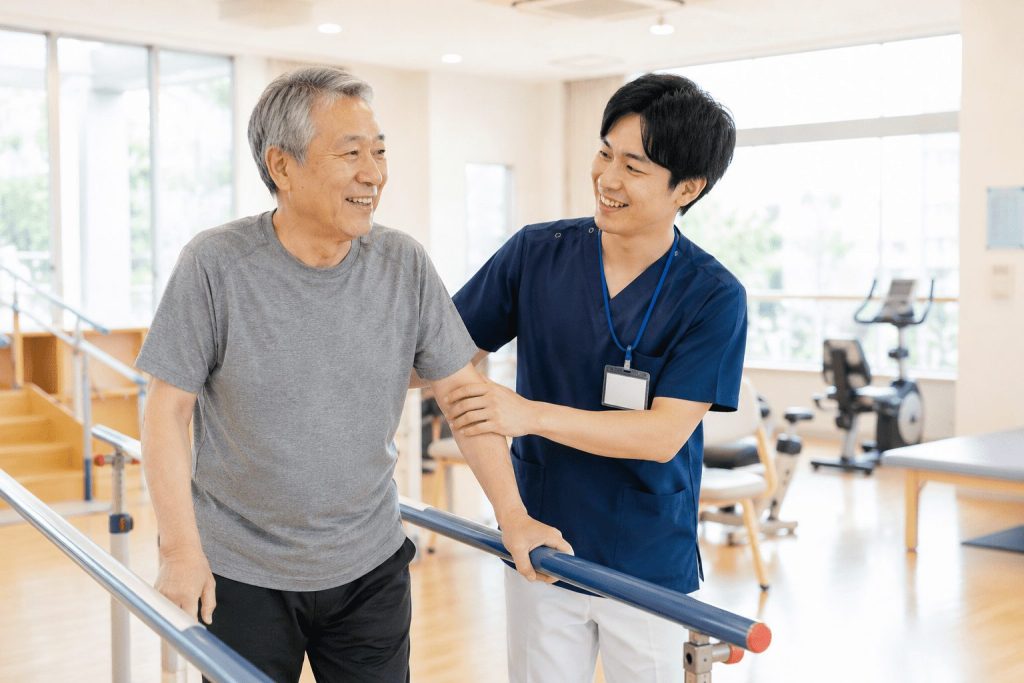明るく広々としたリハビリ室で、高齢の患者様の歩行訓練を笑顔で優しくサポートする若い理学療法士のスタッフの写真