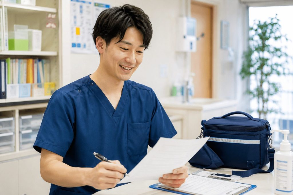 清潔な訪問看護ステーションで、笑顔で書類を確認しながら次の訪問準備をする若手理学療法士の写真