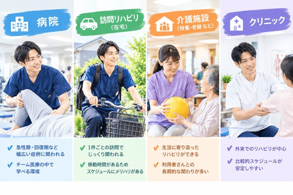 病院、訪問リハ（車移動）、介護施設、クリニックの4つの働く風景が並んだ比較写真
