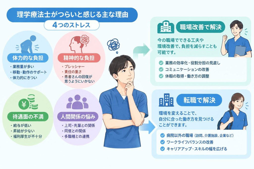 4大ストレス（体力・精神・待遇・人間関係）と、それに対する「職場改善」「転職」といった解決のベクトルをまとめたインフォグラフィック