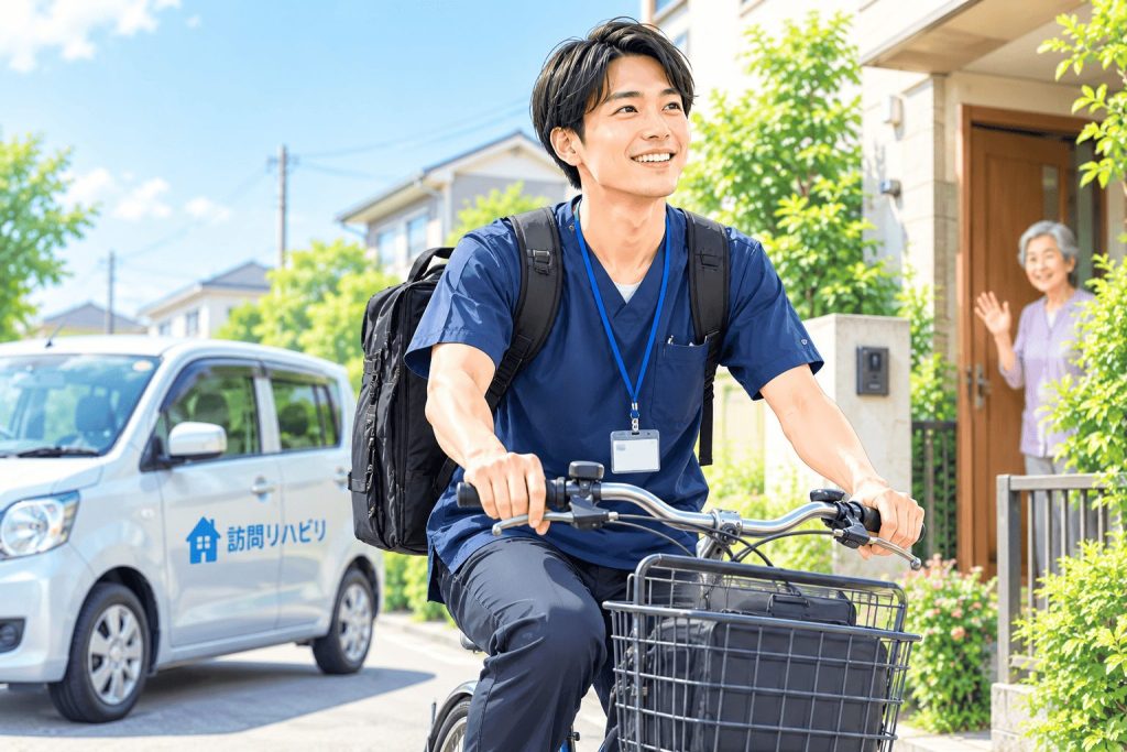 訪問リハビリで電動自転車や軽自動車に乗り、訪問先へ向かう爽やかな若手男性理学療法士の写真