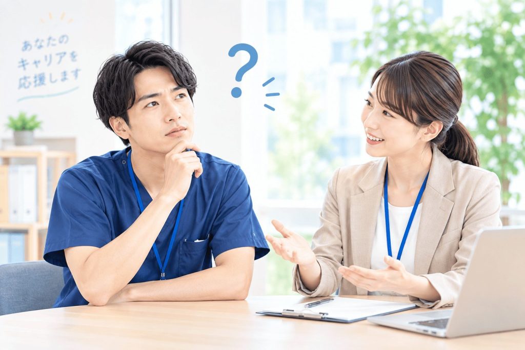 疑問符（？）や「悩む理学療法士」と、それを優しくサポートする専門アドバイザー（キャリアパートナー）の会話イメージイラスト。
