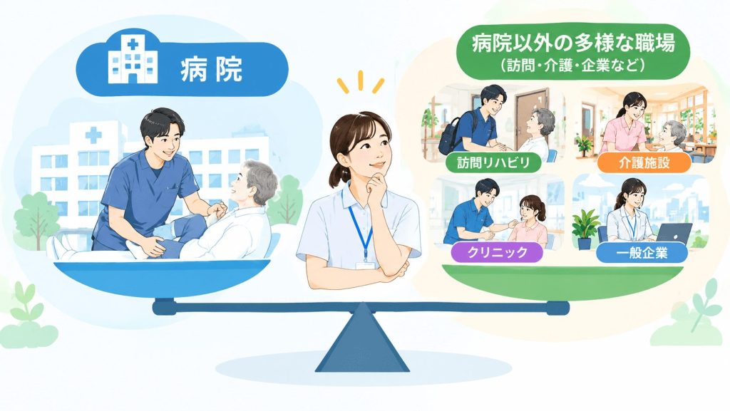「病院」と「病院以外の多様な職場（訪問・介護・企業など）」を天秤や図解で比較しているインフォグラフィック