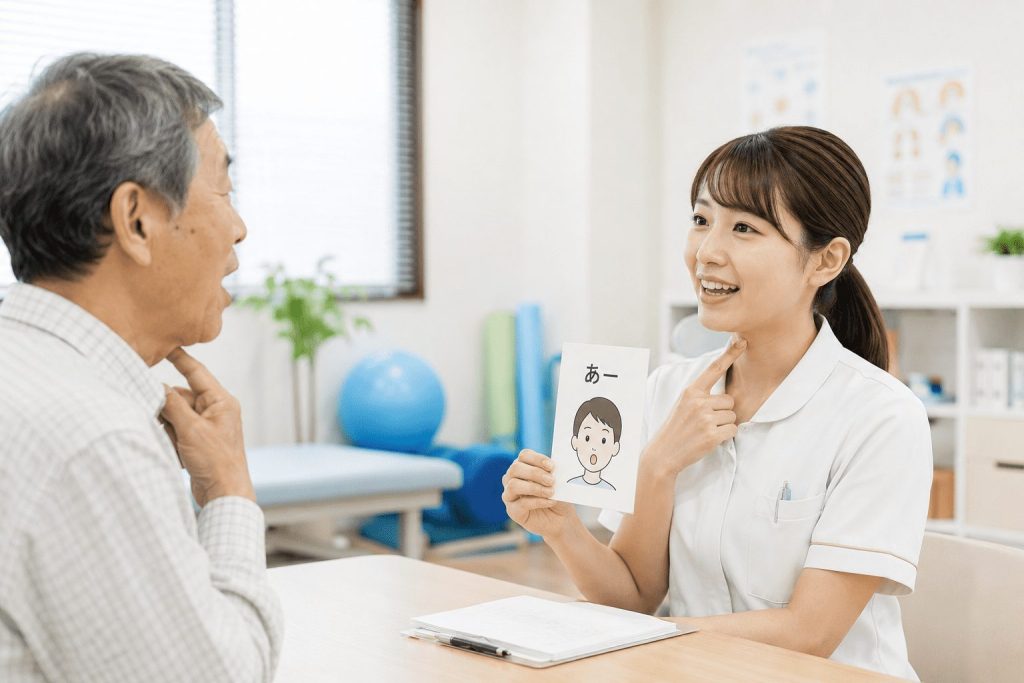 清潔感のあるリハビリテーション室で患者の発声練習を優しくサポートする言語聴覚士の女性