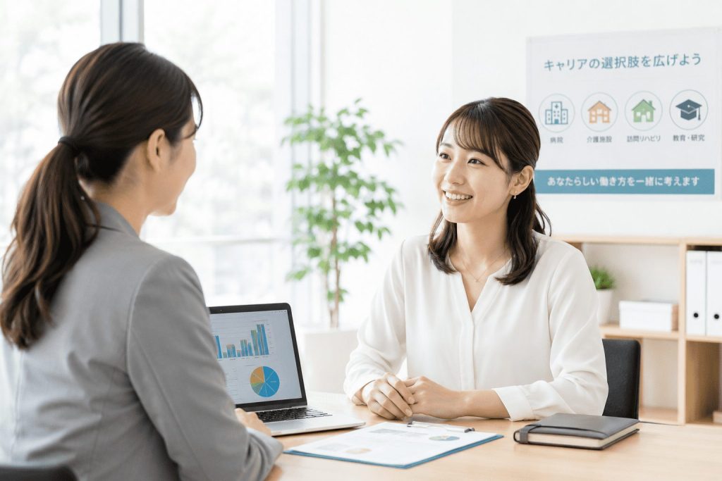 オフィスでキャリアコンサルタントと将来の働き方について笑顔で相談する若手女性